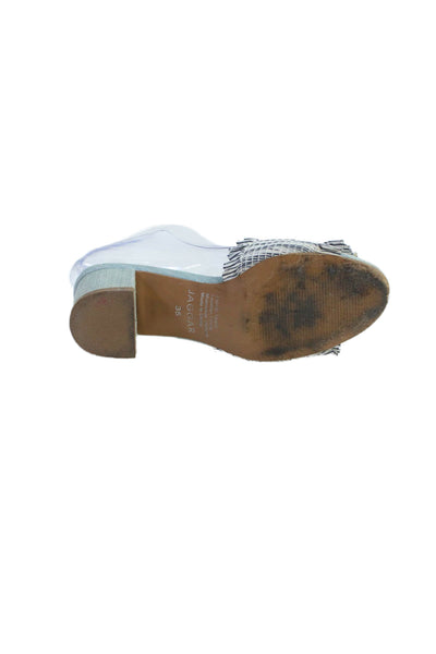 Jaggar Womens Block Heel Ruffled Striped Slide Sandals White Blue Cotton Size 35