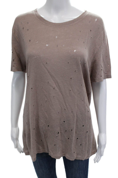 IRO Womens Linen Distressed Short Sleeve Round Neck Knit Top Pink Size L