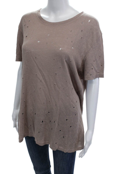 IRO Womens Linen Distressed Short Sleeve Round Neck Knit Top Pink Size L