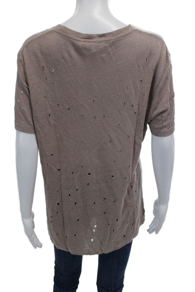 IRO Womens Linen Distressed Short Sleeve Round Neck Knit Top Pink Size L