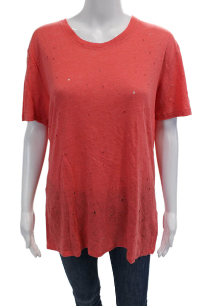 IRO Womens Linen Distressed Short Sleeve Round Neck Knit Top Pink Sz L