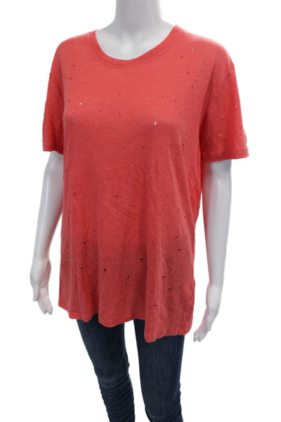 IRO Womens Linen Distressed Short Sleeve Round Neck Knit Top Pink Sz L