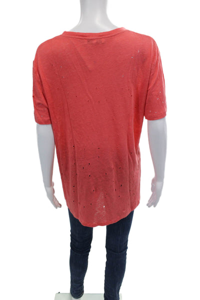 IRO Womens Linen Distressed Short Sleeve Round Neck Knit Top Pink Sz L