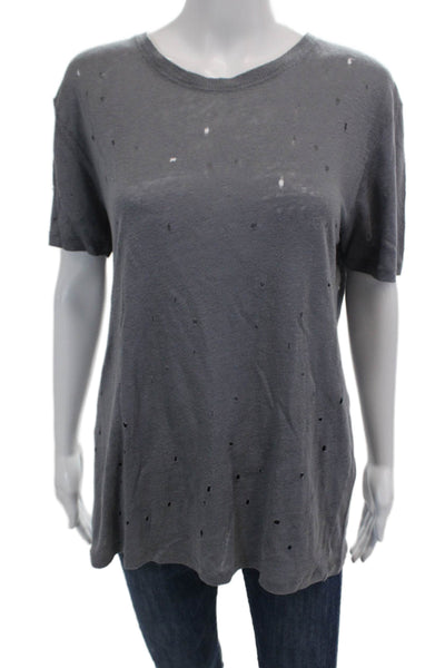 IRO Womens Linen Distressed Short Sleeve Round Neck Basic Top Gray Size M