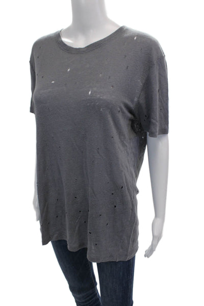 IRO Womens Linen Distressed Short Sleeve Round Neck Basic Top Gray Size M