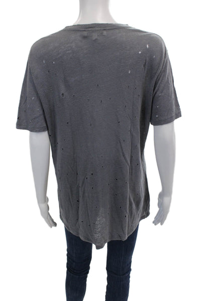 IRO Womens Linen Distressed Short Sleeve Round Neck Basic Top Gray Size M