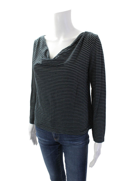 Iisli Womens Cotton Striped Boat Neck Long Sleeve Knit Navy Blue Size Small