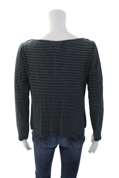 Iisli Womens Cotton Striped Boat Neck Long Sleeve Knit Navy Blue Size Small