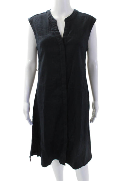 Tahari Womens Stretch Linen V-neck Buttoned Shift Dress Midnight Blue Size 6