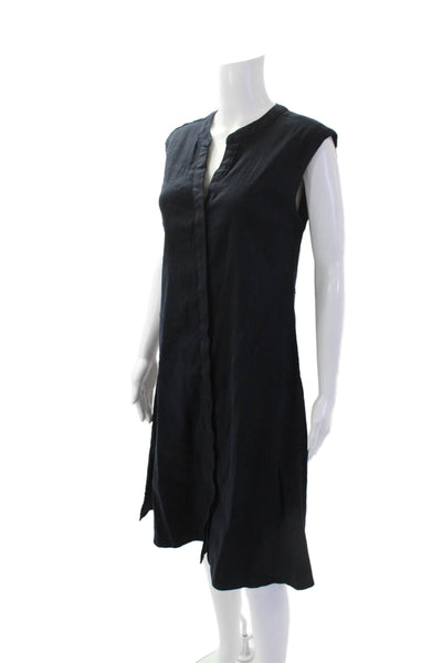 Tahari Womens Stretch Linen V-neck Buttoned Shift Dress Midnight Blue Size 6