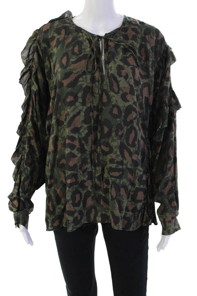 Zadig & Voltaire Womens Leopard Print Tie Front V-Neck Blouse Top Green Size S