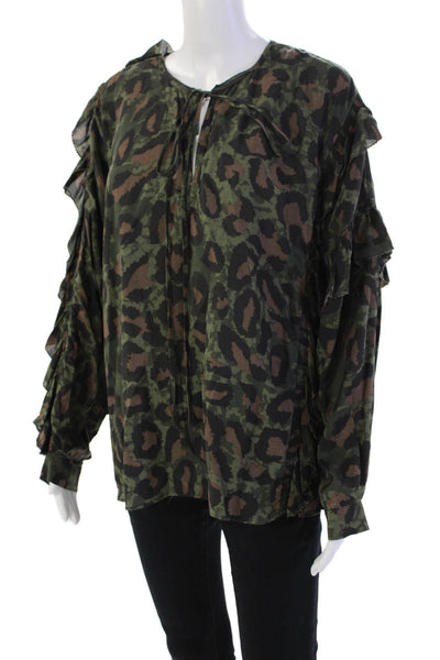Zadig & Voltaire Womens Leopard Print Tie Front V-Neck Blouse Top Green Size S