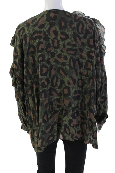Zadig & Voltaire Womens Leopard Print Tie Front V-Neck Blouse Top Green Size S