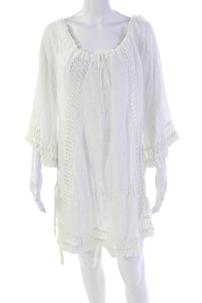 Sunday Tropez Womens Off Shoulder 3/4 Sleeve Fringe Dress White Linen One Size