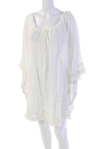 Sunday Tropez Womens Off Shoulder 3/4 Sleeve Fringe Dress White Linen One Size