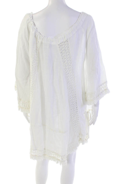 Sunday Tropez Womens Off Shoulder 3/4 Sleeve Fringe Dress White Linen One Size