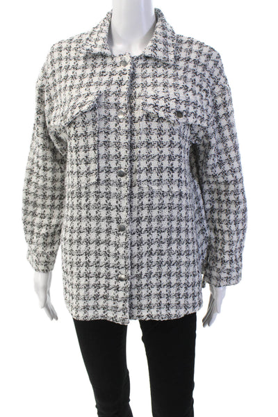 Rowen Women's Collared Long Sleeves Button Up Tween Jacket Black White Size S