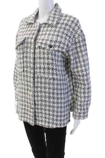 Rowen Women's Collared Long Sleeves Button Up Tween Jacket Black White Size S
