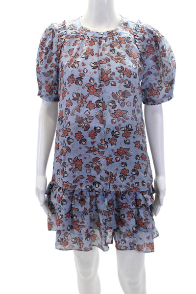Point Of View Womens Short Sleeve Floral Top Skirt Set Blue Brown Small Medium