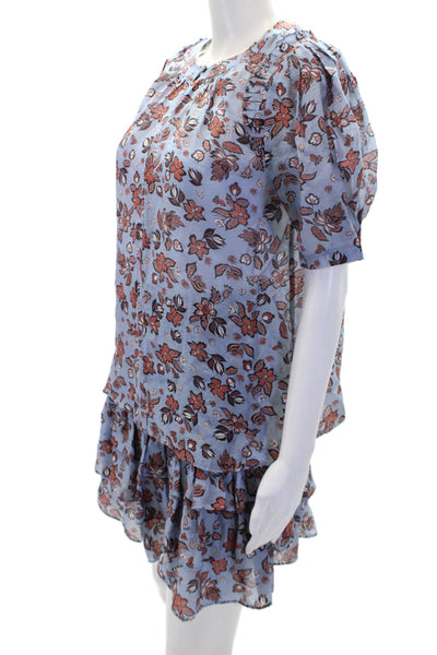 Point Of View Womens Short Sleeve Floral Top Skirt Set Blue Brown Small Medium