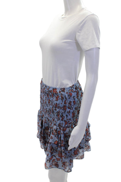 Point Of View Womens Short Sleeve Floral Top Skirt Set Blue Brown Small Medium