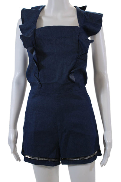 English Factory Womens Square Neck Ruffle Trim Denim Romper Blue Size S