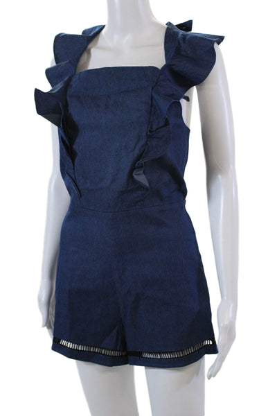 English Factory Womens Square Neck Ruffle Trim Denim Romper Blue Size S