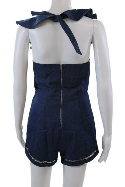 English Factory Womens Square Neck Ruffle Trim Denim Romper Blue Size S