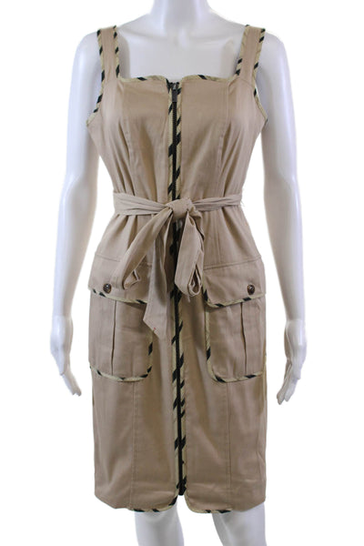 LDT Womens Cotton Square Neck Striped Trim Belted Zip Up Dress Beige Size 2