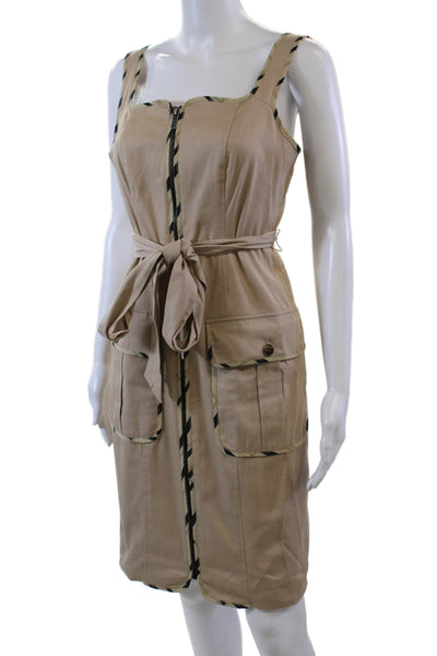 LDT Womens Cotton Square Neck Striped Trim Belted Zip Up Dress Beige Size 2