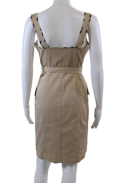 LDT Womens Cotton Square Neck Striped Trim Belted Zip Up Dress Beige Size 2