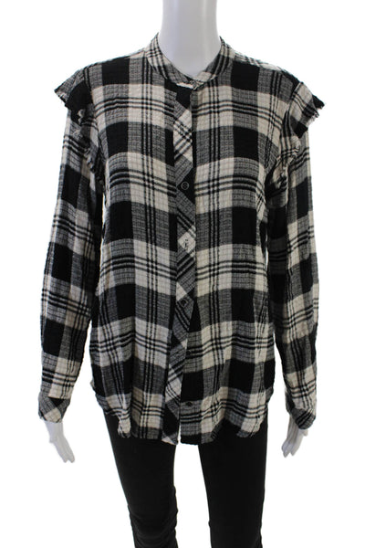 Bella Dahl Womens Button Front Crew Neck Plaid Shirt Black White Size Small