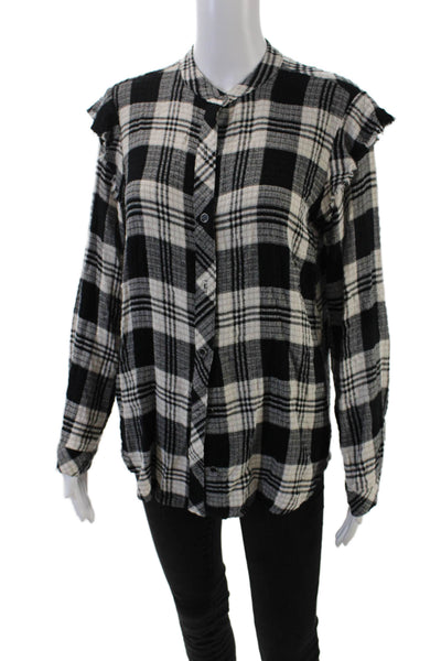 Bella Dahl Womens Button Front Crew Neck Plaid Shirt Black White Size Small