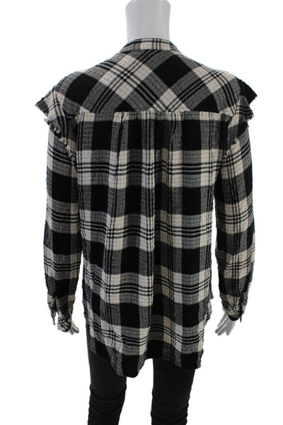 Bella Dahl Womens Button Front Crew Neck Plaid Shirt Black White Size Small
