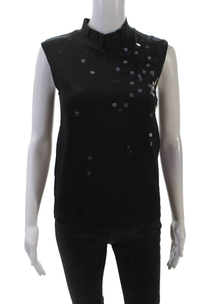 Alysi Womens Sleeveless Mock Neck Paillettes Top Blouse Black Cotton Size XS