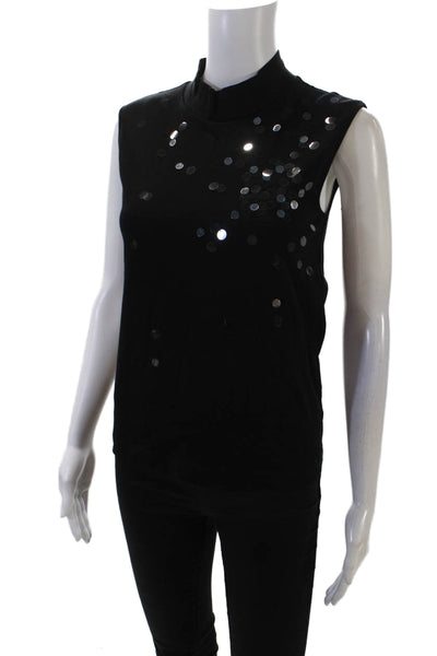 Alysi Womens Sleeveless Mock Neck Paillettes Top Blouse Black Cotton Size XS