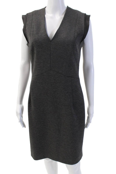 Sandro Womens V-Neck Sleeveless Leather Accent Pencil Dress Dark Gray Size 3