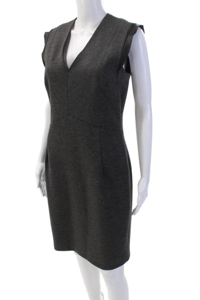 Sandro Womens V-Neck Sleeveless Leather Accent Pencil Dress Dark Gray Size 3