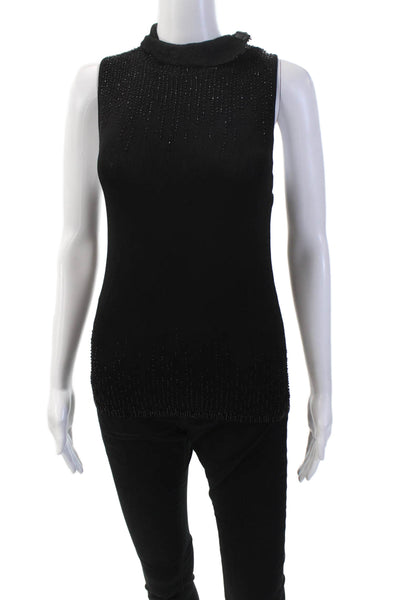 Carmen Marc Valvo Womens Beaded Detail Sleeveless High Neck Top Black Size S