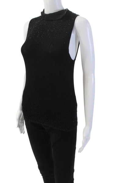 Carmen Marc Valvo Womens Beaded Detail Sleeveless High Neck Top Black Size S