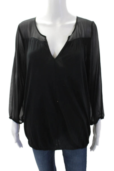 Soft Joie Womens Sheer Panel V-Neck Long Sleeve Pullover Blouse Top Black Size M