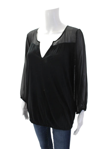Soft Joie Womens Sheer Panel V-Neck Long Sleeve Pullover Blouse Top Black Size M