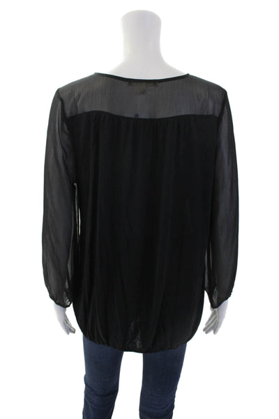 Soft Joie Womens Sheer Panel V-Neck Long Sleeve Pullover Blouse Top Black Size M