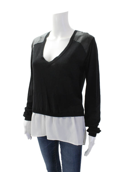 Central Park West Womens Cotton Blend V-Neck Pullover Sweater Top Black Size M
