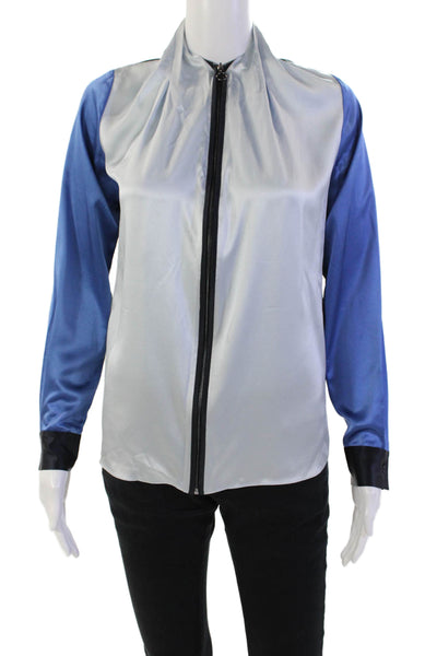 Elie Tahari Womens Silk Color Block Long Sleeve Full Zip Blouse Blue Size XS
