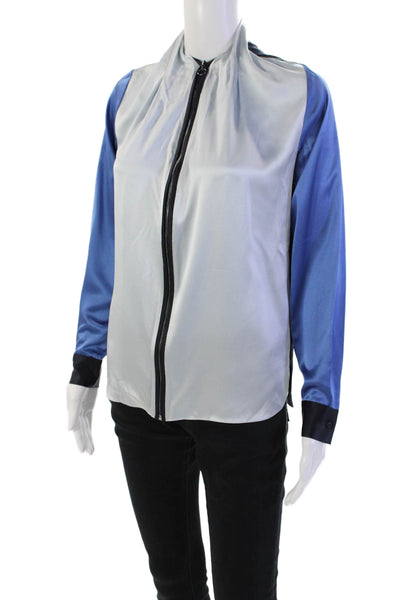 Elie Tahari Womens Silk Color Block Long Sleeve Full Zip Blouse Blue Size XS