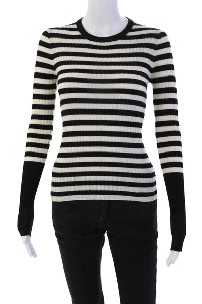 ATM Women's Round Neck Long Sleeves Ribbed Sweater Black Striped Size P