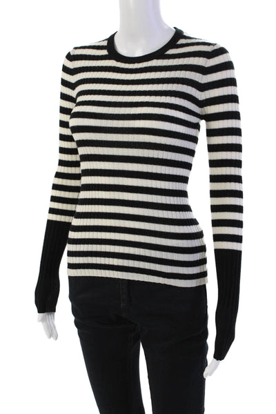 ATM Women's Round Neck Long Sleeves Ribbed Sweater Black Striped Size P