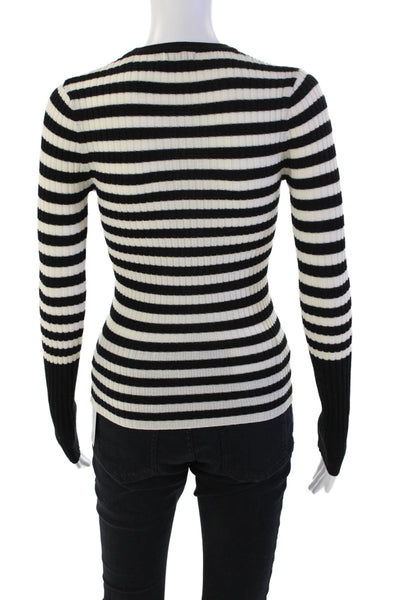 ATM Women's Round Neck Long Sleeves Ribbed Sweater Black Striped Size P