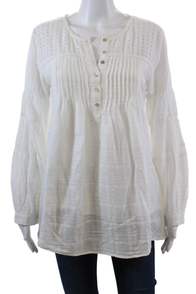 Heartloom Womens Long Sleeve Scoop Neck Blouse Shirt White Cotton Size Small